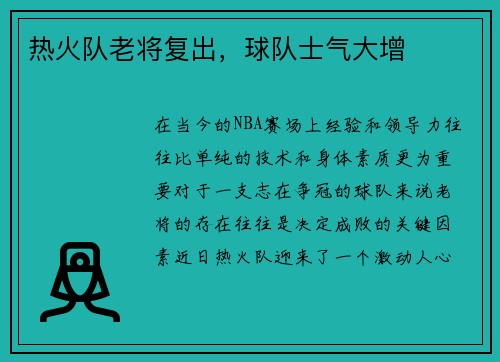 热火队老将复出，球队士气大增